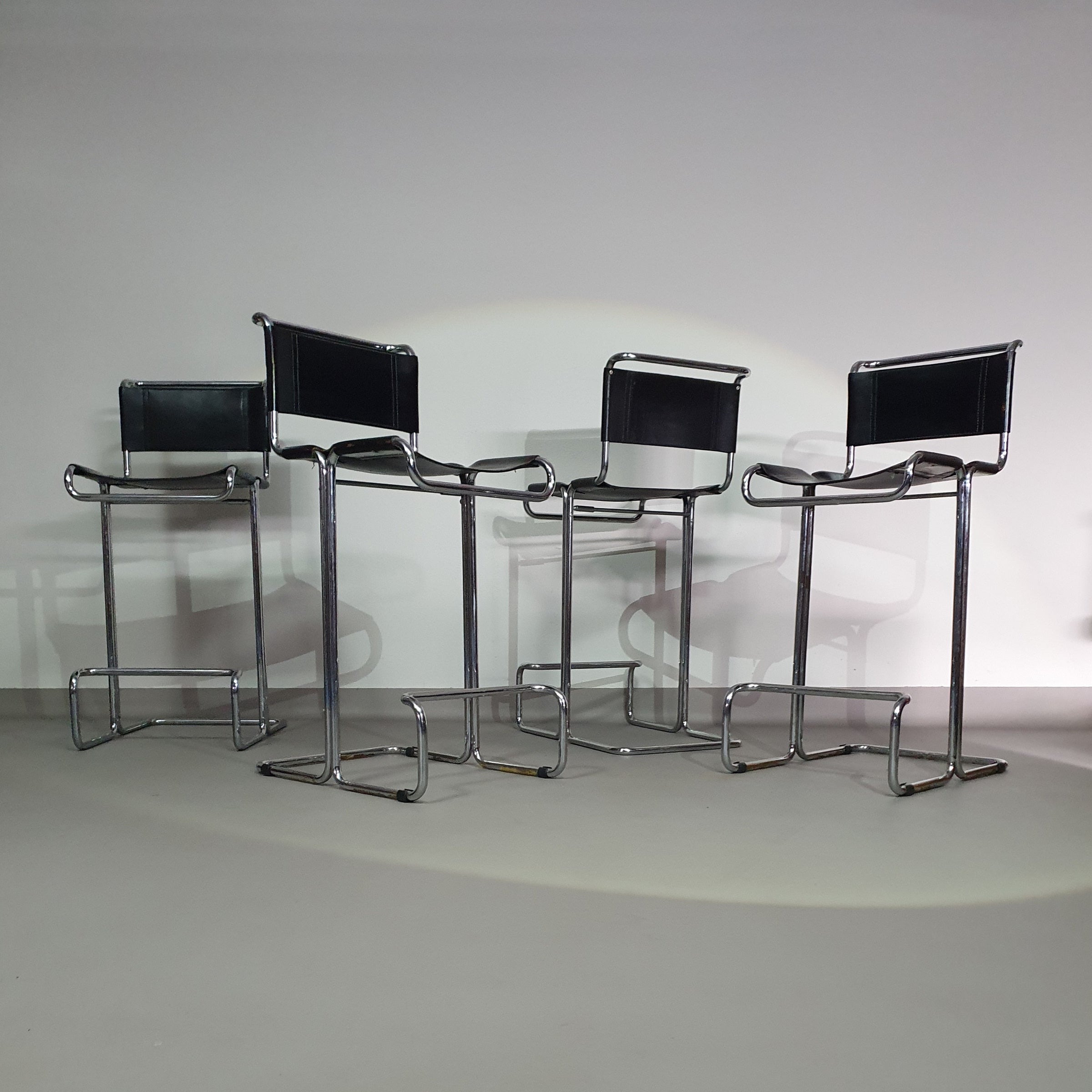 4 x Italian bar stool by Stendig of steel tube and leather 1960s.