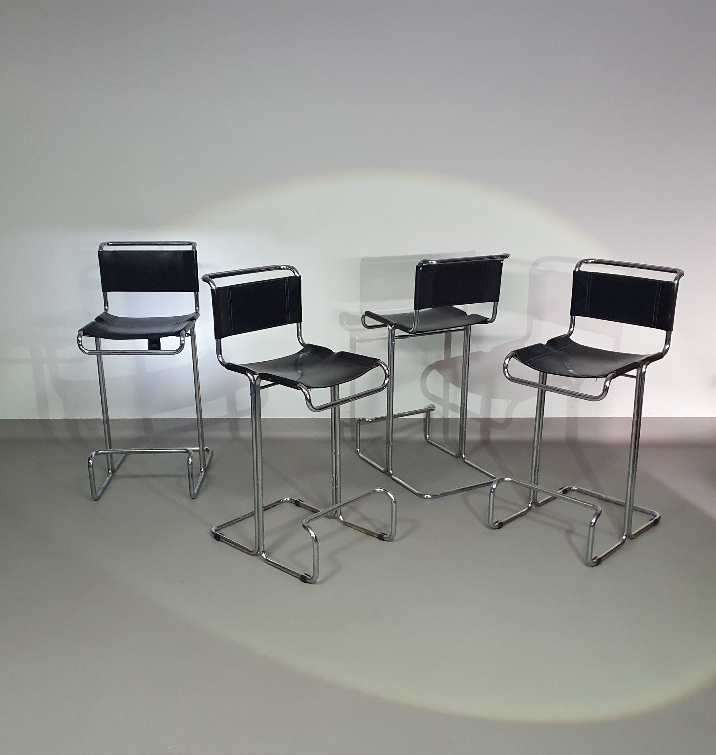 4 x Italian bar stool by Stendig of steel tube and leather 1960s.