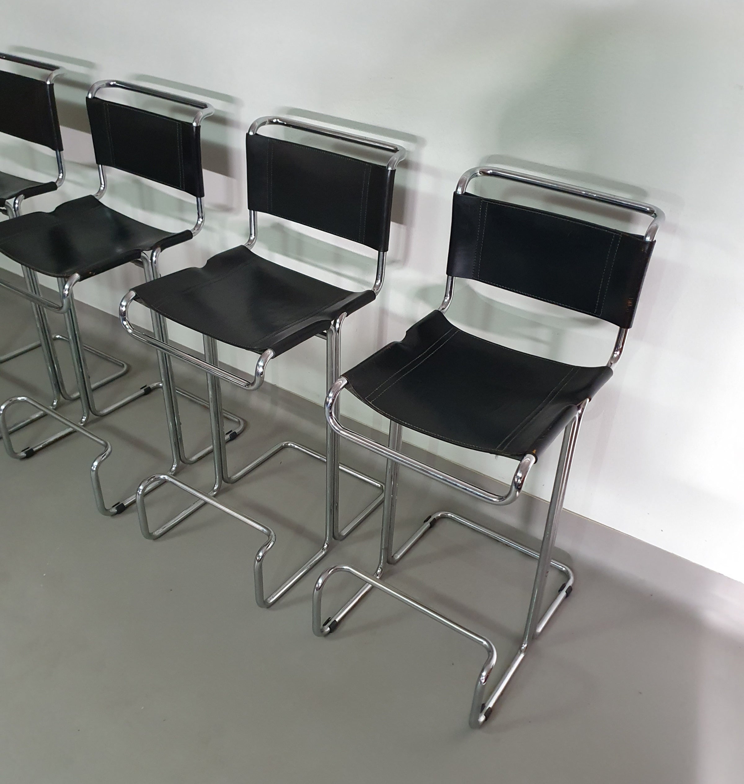 4 x Italian bar stool by Stendig of steel tube and leather 1960s.