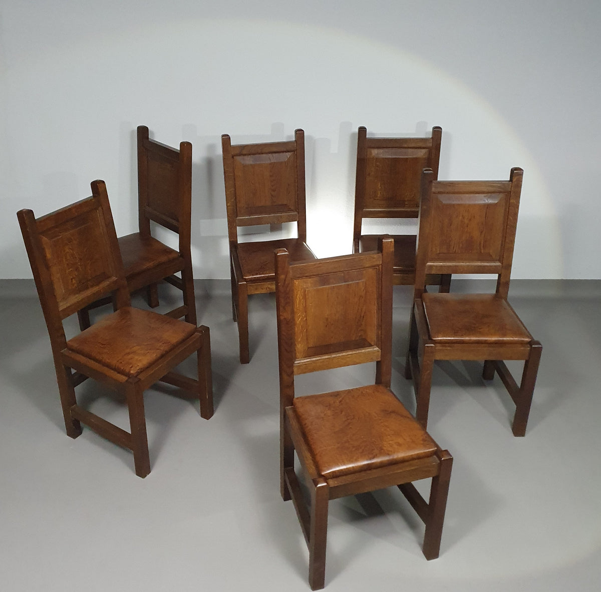 6 x Brutalist solid oak chairs mid century