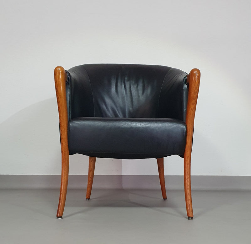 Fauteuils in notenhout en leer in / Italië jaren 80, set van 2