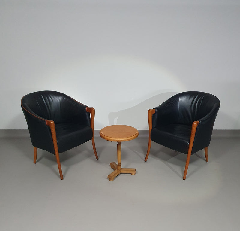 Fauteuils in notenhout en leer in / Italië jaren 80, set van 2