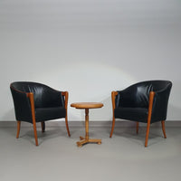 Fauteuils in notenhout en leer in / Italië jaren 80, set van 2