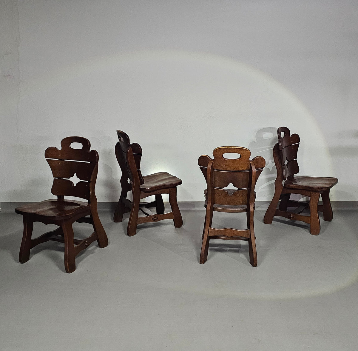 4 x Brutalist oak dining chairs / 60's