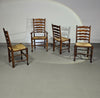 Set van 4 eikenhouten, rustieke, landelijke eetkamerstoelen met ladderrug en biezen zittingen uit de jaren 60