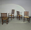 Set van 4 eikenhouten, rustieke, landelijke eetkamerstoelen met ladderrug en biezen zittingen uit de jaren 60