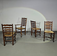 Set van 4 eikenhouten, rustieke, landelijke eetkamerstoelen met ladderrug en biezen zittingen uit de jaren 60