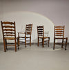 Set van 4 eikenhouten, rustieke, landelijke eetkamerstoelen met ladderrug en biezen zittingen uit de jaren 60