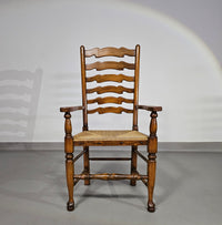 Set van 4 eikenhouten, rustieke, landelijke eetkamerstoelen met ladderrug en biezen zittingen uit de jaren 60