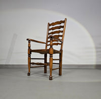 Set van 4 eikenhouten, rustieke, landelijke eetkamerstoelen met ladderrug en biezen zittingen uit de jaren 60