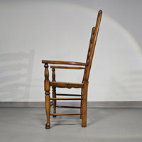Set van 4 eikenhouten, rustieke, landelijke eetkamerstoelen met ladderrug en biezen zittingen uit de jaren 60