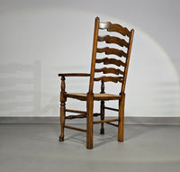 Set van 4 eikenhouten, rustieke, landelijke eetkamerstoelen met ladderrug en biezen zittingen uit de jaren 60