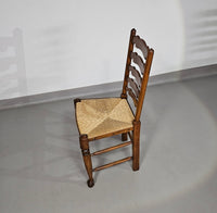 Set van 4 eikenhouten, rustieke, landelijke eetkamerstoelen met ladderrug en biezen zittingen uit de jaren 60