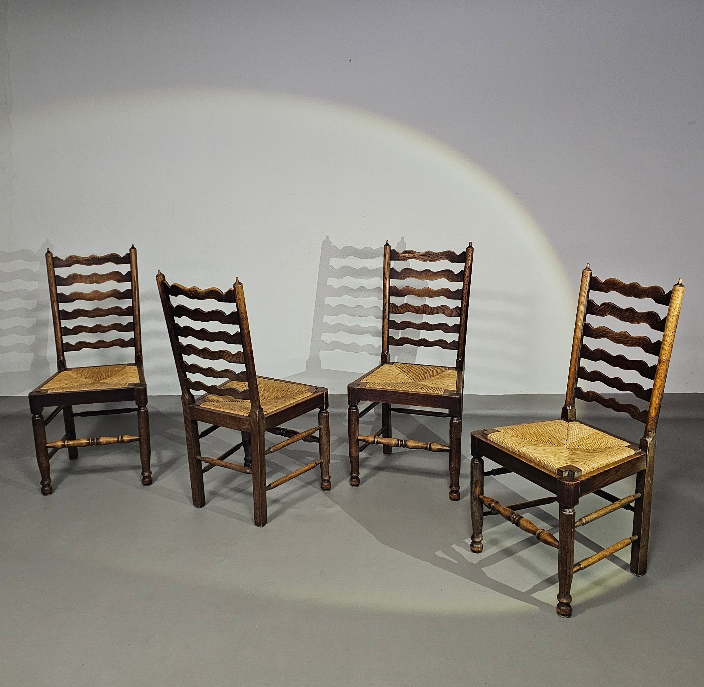 Set of 4 oak, rustic, farmhouse, ladderback dining chairs with