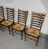 Set of 4 oak, rustic, farmhouse, ladderback dining chairs with rush seats 1960s