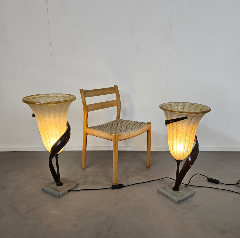 Large Jugendstil Floor / Table Lamps / Roberto Galli / Stone Base With Italian Glass Shade