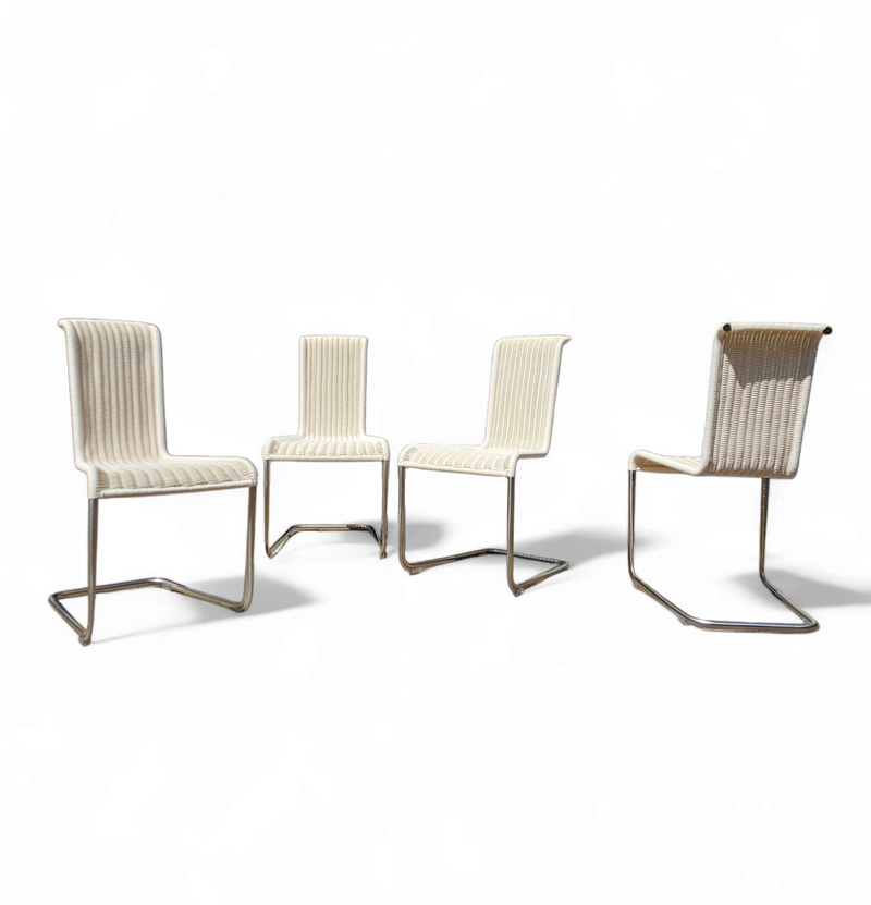 4 x B20 white Cane and Chrome Cantilever Dining Chairs by Axel Bruchhäuser / Tecta /1990s