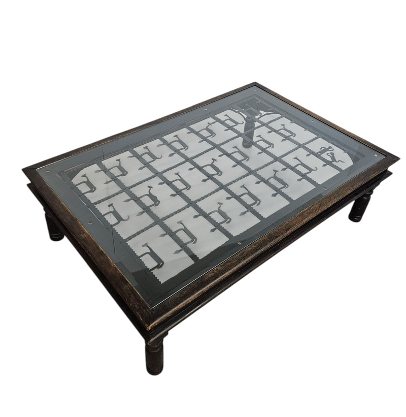 Frenche / brutalist Coffee table / forged / wrought iron / shepherd with dog and his herd 1970s / transparent glass top