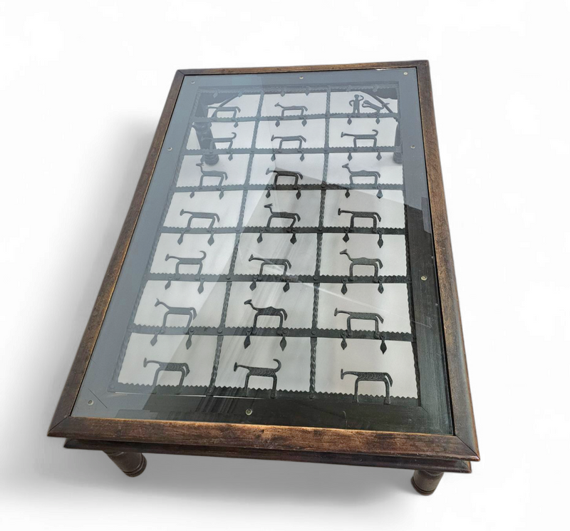 Frenche / brutalist Coffee table / forged / wrought iron / shepherd with dog and his herd 1970s / transparent glass top
