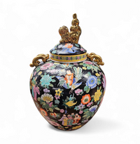 Large Famille Noir Chinese / porcelain ginger jar / hand painted / Mille Fleur