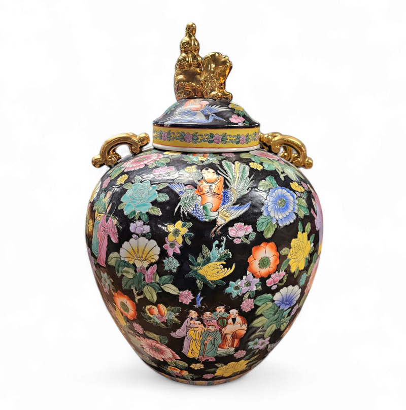 Large Famille Noir Chinese / porcelain ginger jar / hand painted / Mille Fleur