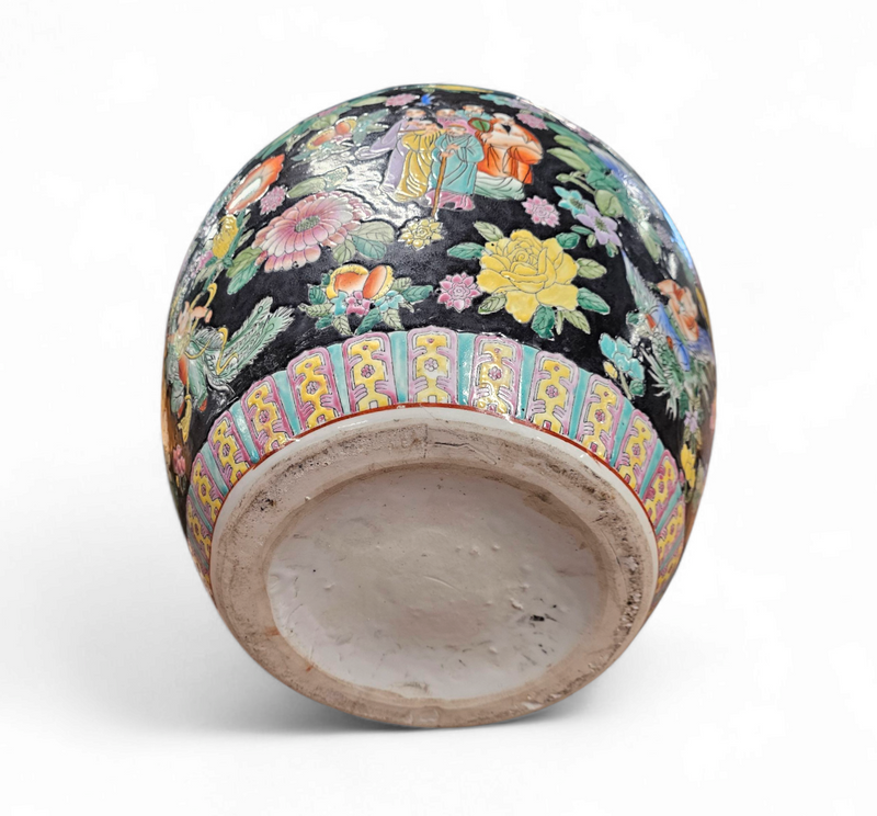 Large Famille Noir Chinese / porcelain ginger jar / hand painted / Mille Fleur