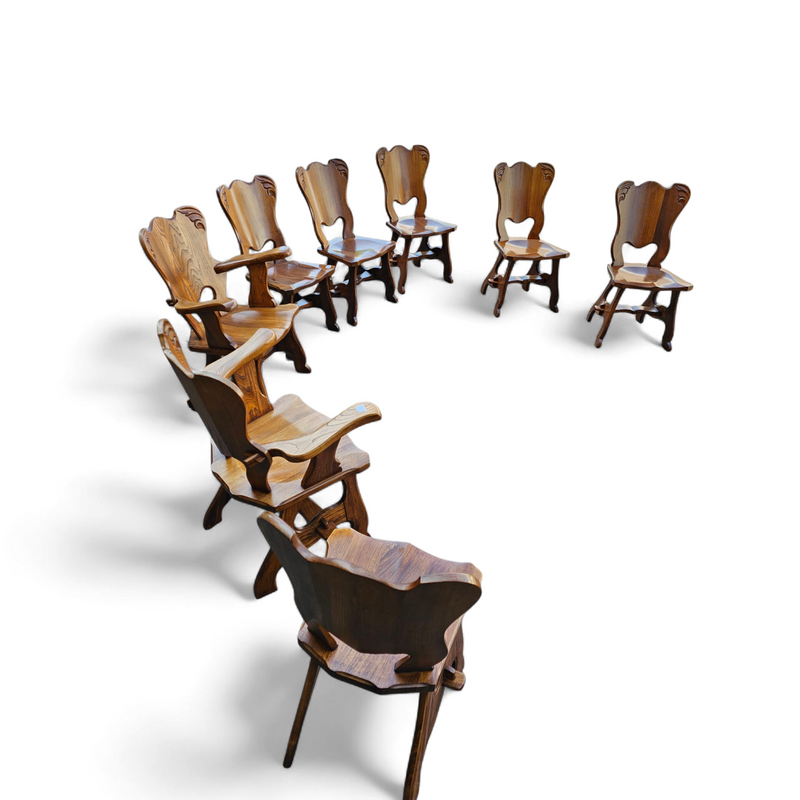 8 x Oirschot Meeuwis / oak dining chairs / 2 x arm rest / 1970s
