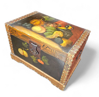 A VINTAGE FLORAL PAINTED DOME TOP TRUNK