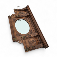 Dutch entryway wall coat rack / solid wood / carved decorations and mirror in the center / 1950s