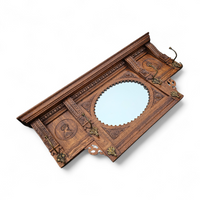 Dutch entryway wall coat rack / solid wood / carved decorations and mirror in the center / 1950s