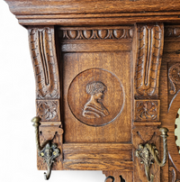 Dutch entryway wall coat rack / solid wood / carved decorations and mirror in the center / 1950s