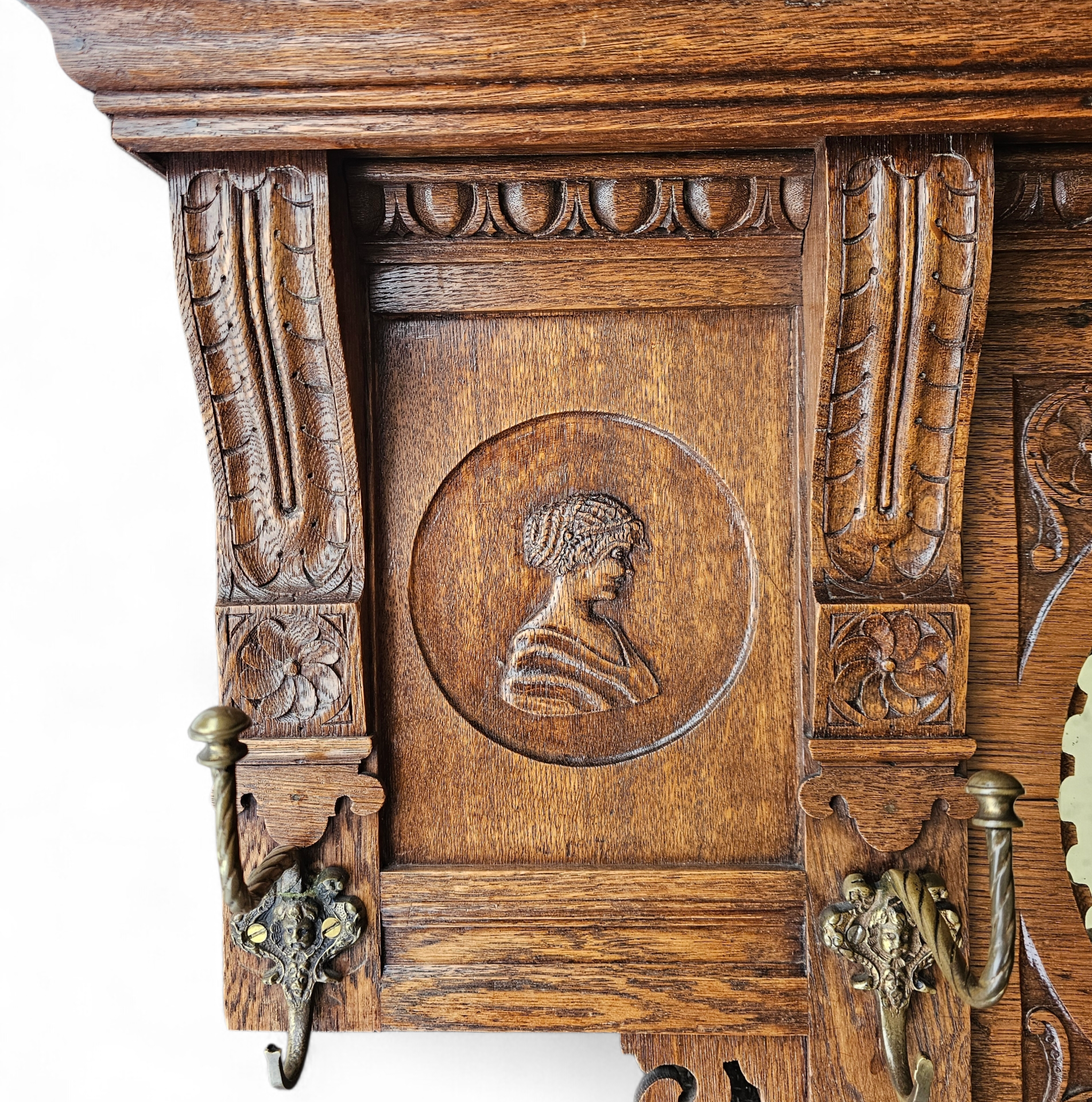 Dutch entryway wall coat rack / solid wood / carved decorations and mirror in the center / 1950s