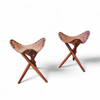 2 x Matching Vintage Tooled Leather Tripod Chair / Camp Chair /