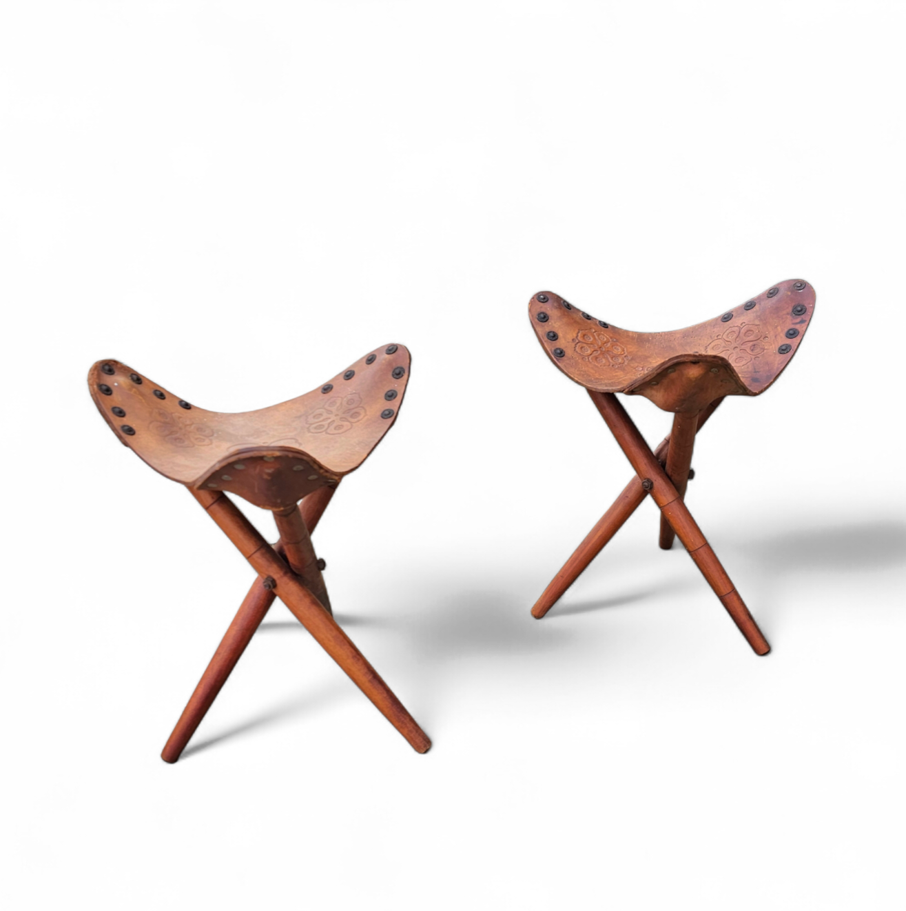 2 x Matching Vintage Tooled Leather Tripod Chair / Camp Chair /
