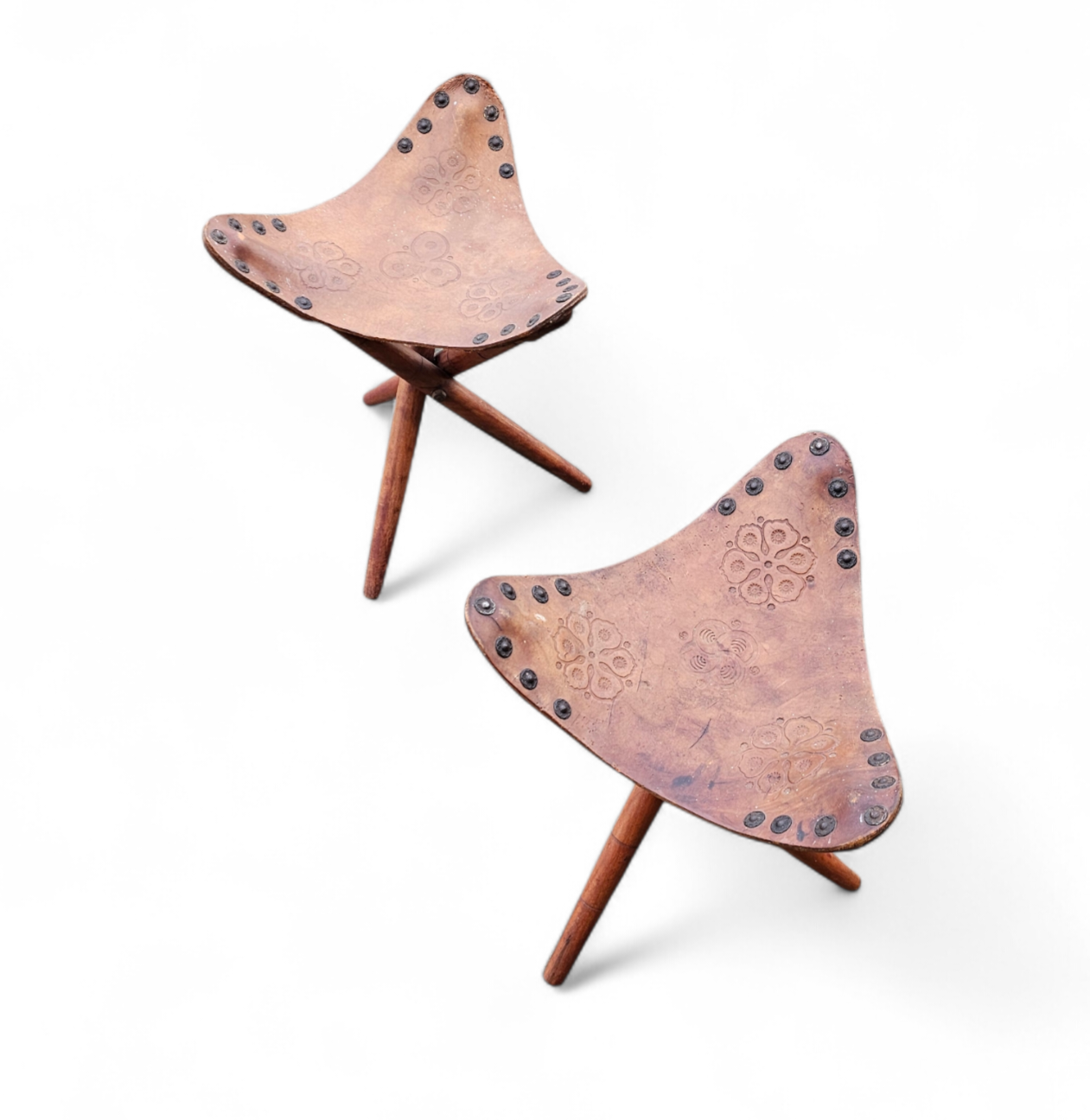 2 x Matching Vintage Tooled Leather Tripod Chair / Camp Chair /