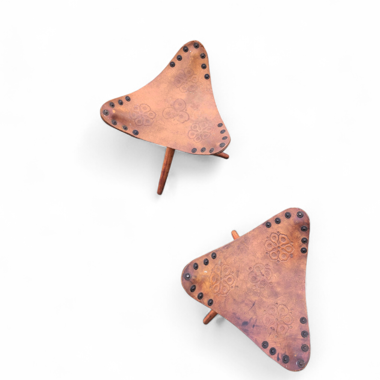 2 x Matching Vintage Tooled Leather Tripod Chair / Camp Chair /