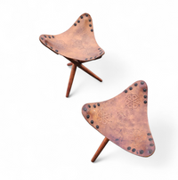 2 x Matching Vintage Tooled Leather Tripod Chair / Camp Chair /