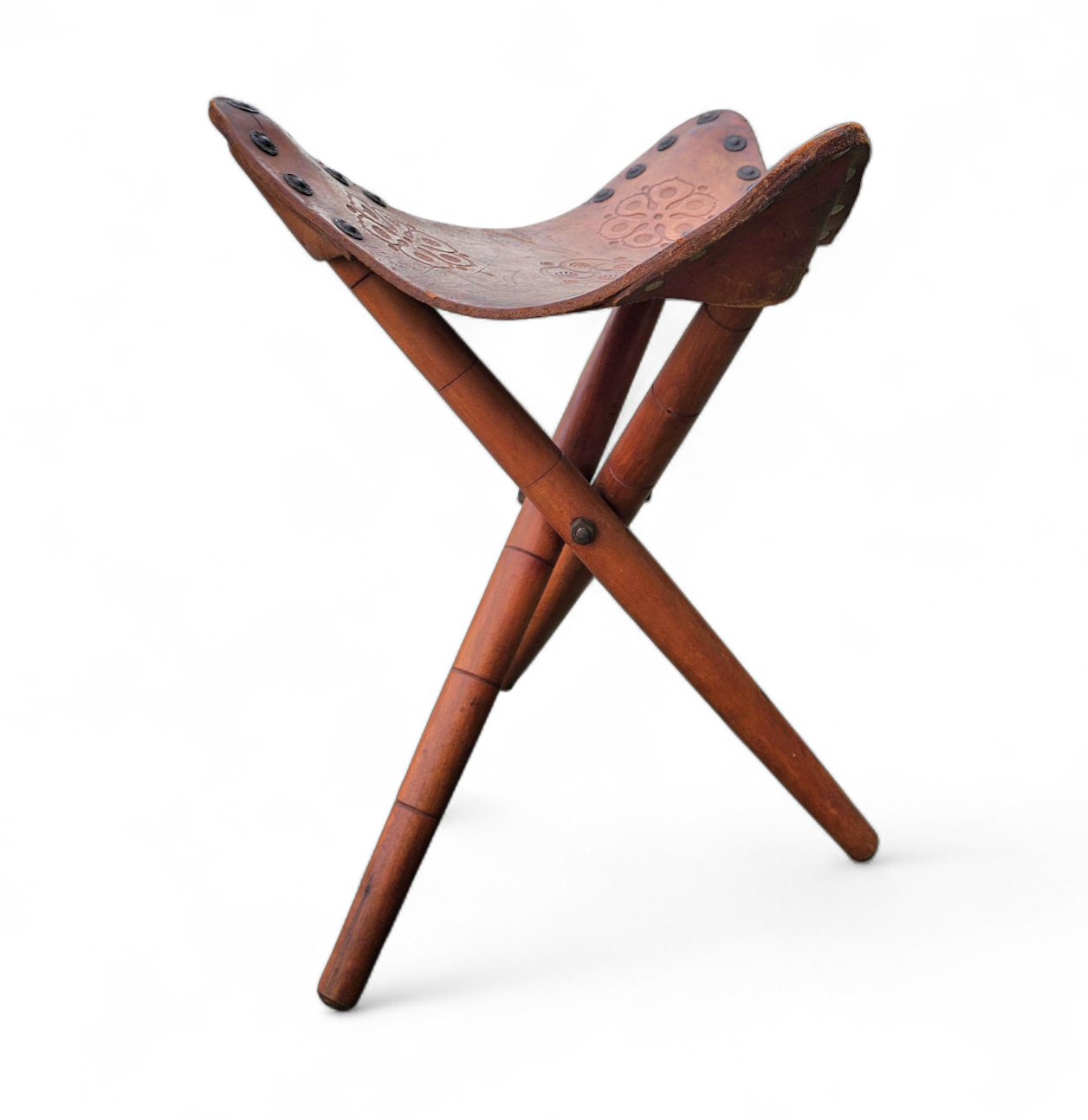 2 x Matching Vintage Tooled Leather Tripod Chair / Camp Chair /