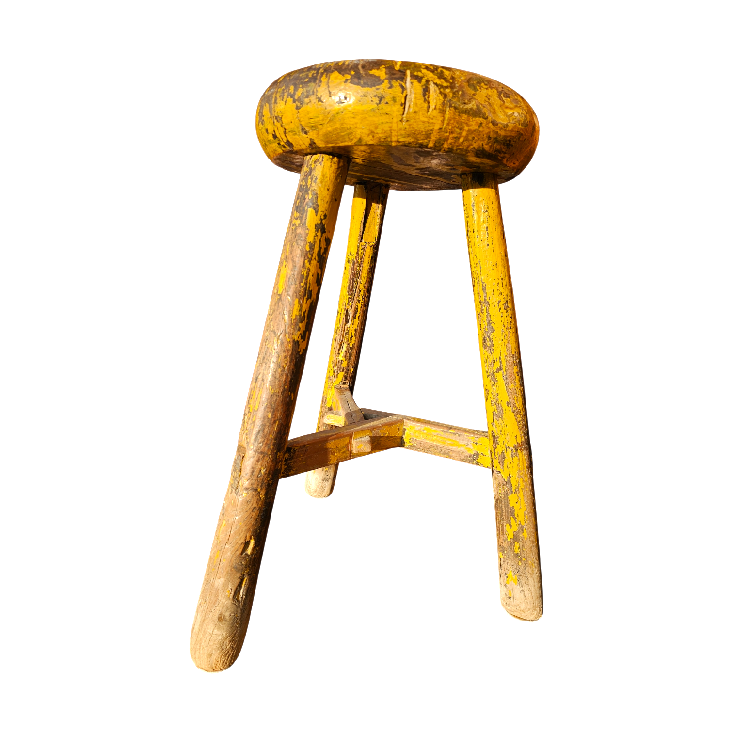 Primitive wooden tripod stool /  height 52 cm