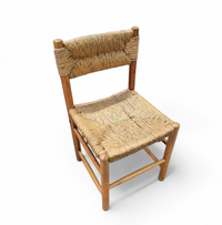 2 x pine wood woven reed dining chairs / France 1950s