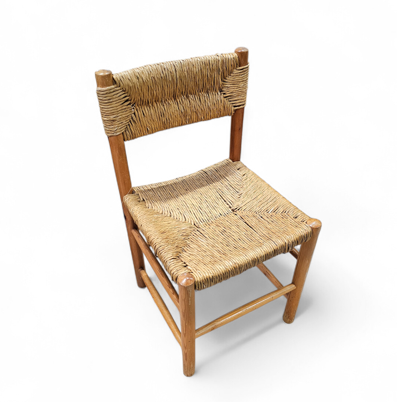 2 x pine wood woven reed dining chairs / France 1950s