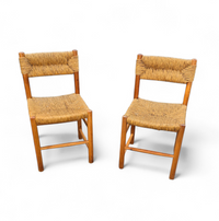 2 x pine wood woven reed dining chairs / France 1950s