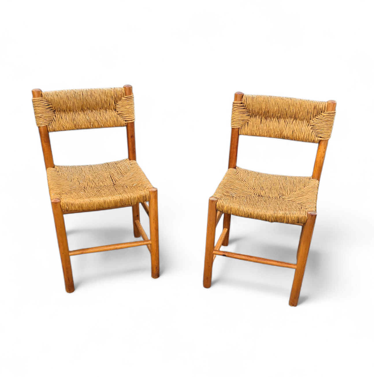 2 x pine wood woven reed dining chairs / France 1950s