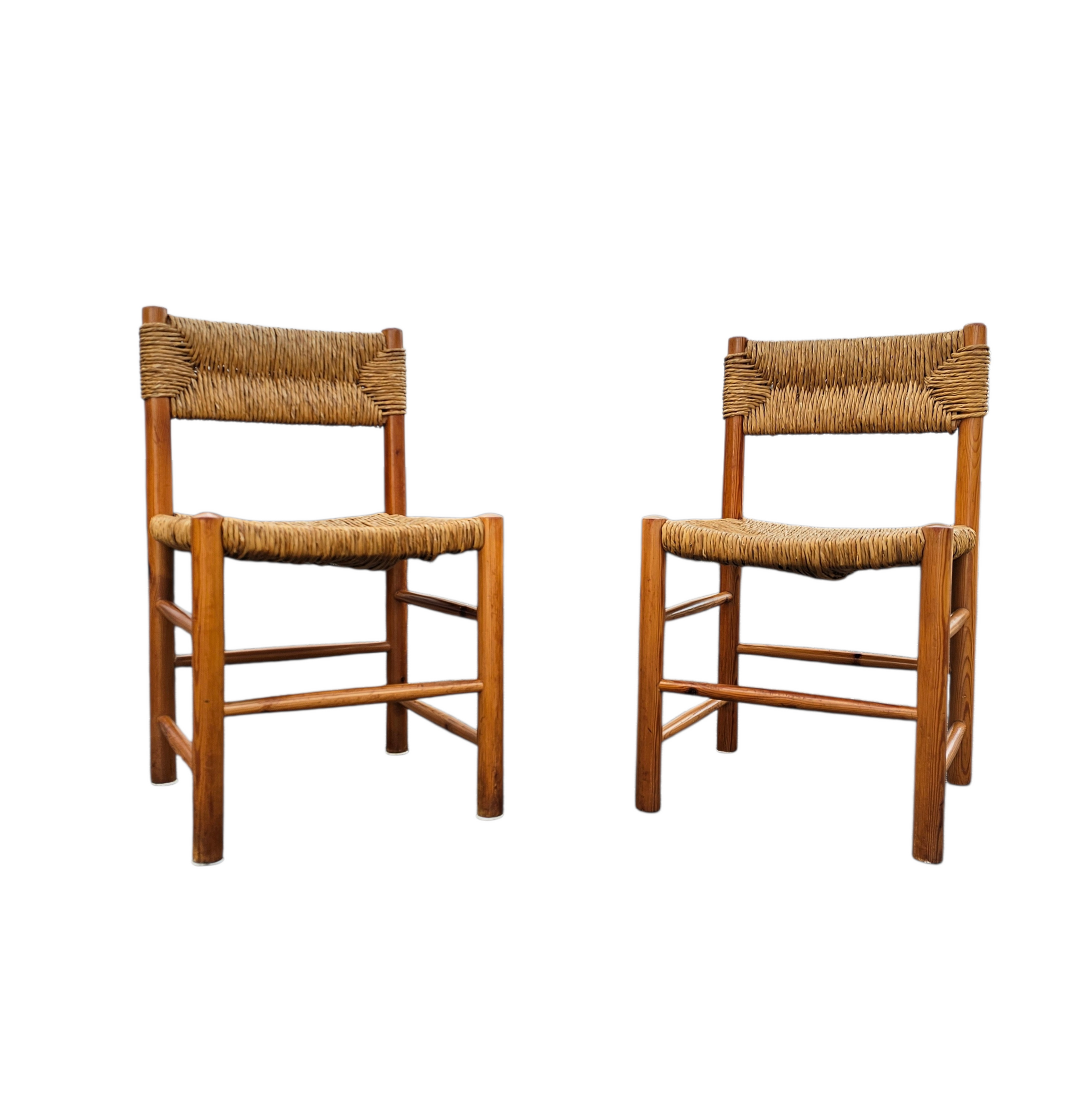 2 x pine wood woven reed dining chairs / France 1950s