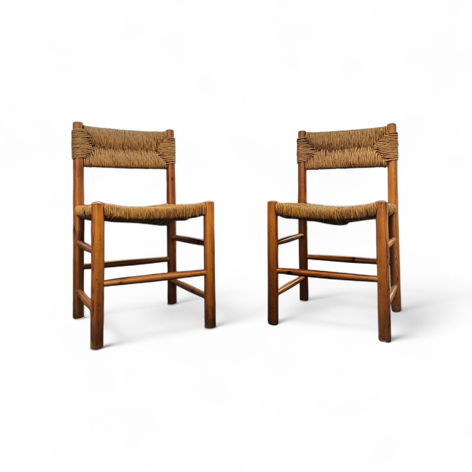 2 x pine wood woven reed dining chairs / France 1950s