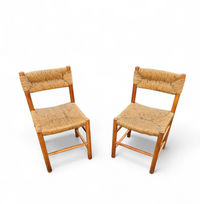 2 x pine wood woven reed dining chairs / France 1950s