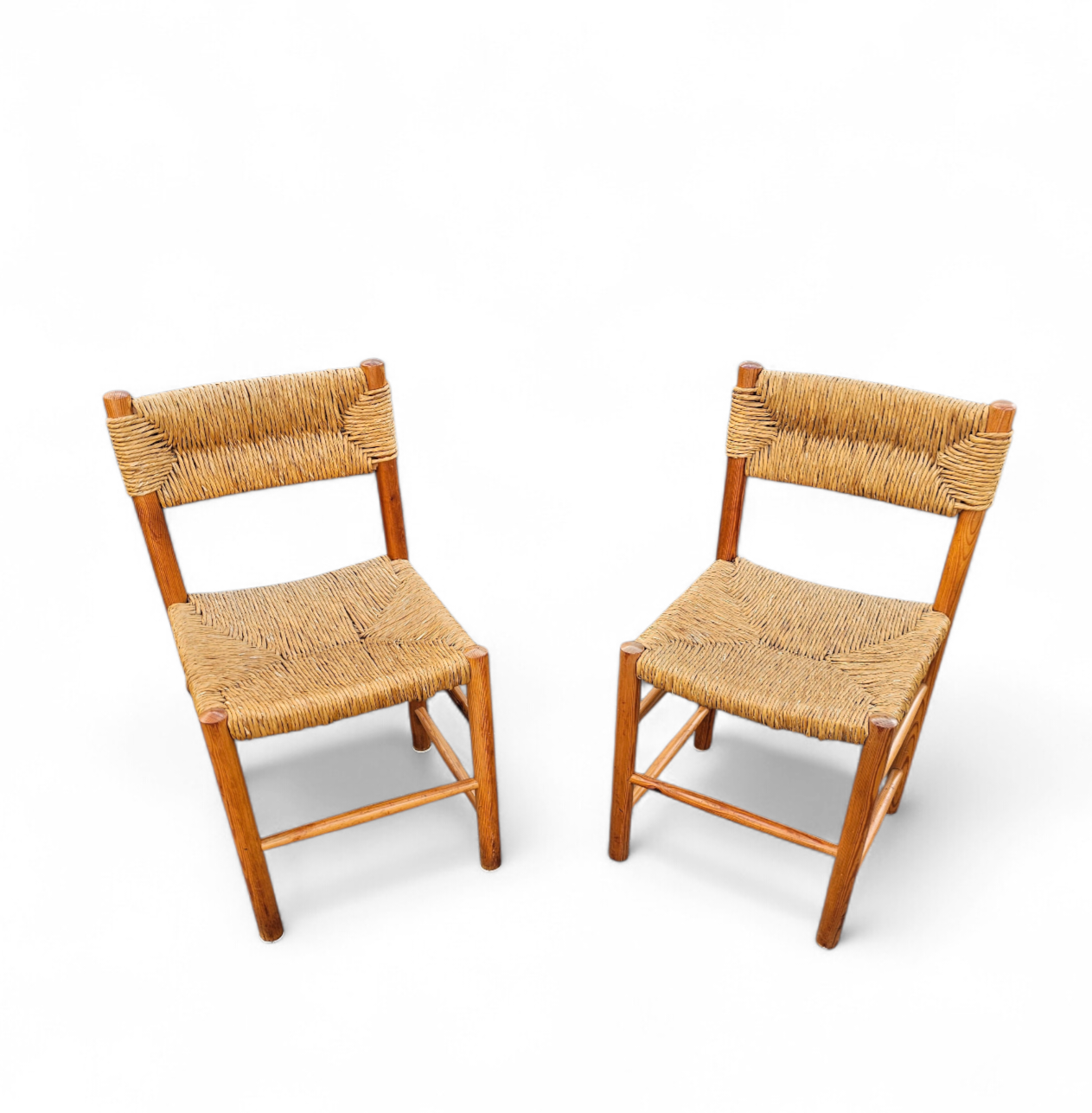 2 x pine wood woven reed dining chairs / France 1950s