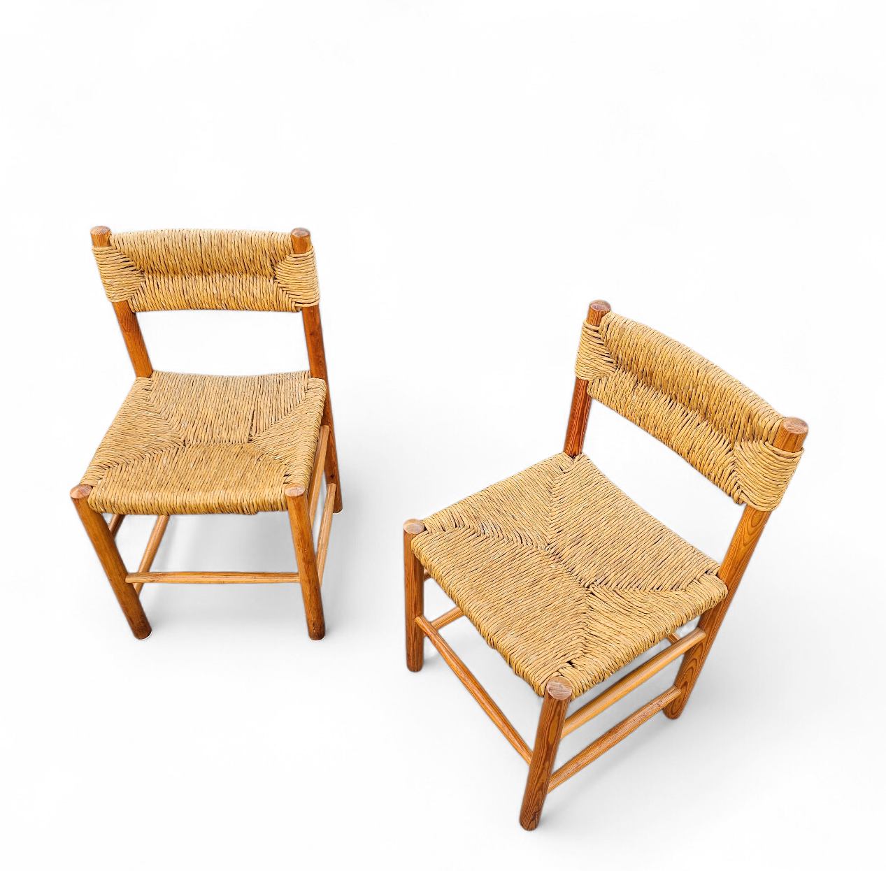 2 x pine wood woven reed dining chairs / France 1950s