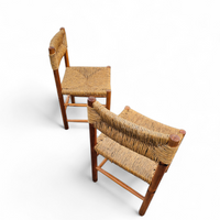 2 x pine wood woven reed dining chairs / France 1950s