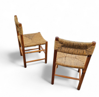 2 x pine wood woven reed dining chairs / France 1950s